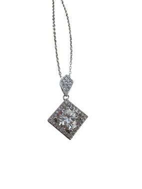 Silver-Tone Square Halo Pendant Necklace with Clear Stone with GRA 3.0 CT